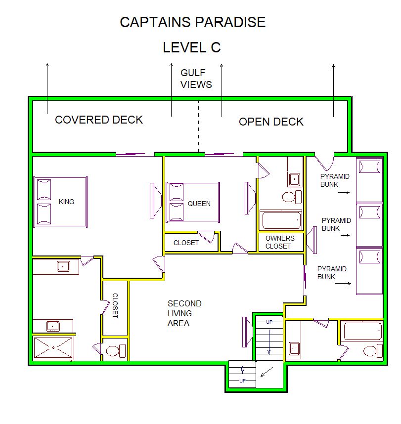 A level C layout view of Sand 'N Sea's beachfront with gulf view house vacation rental in Galveston named Captain's Paradise